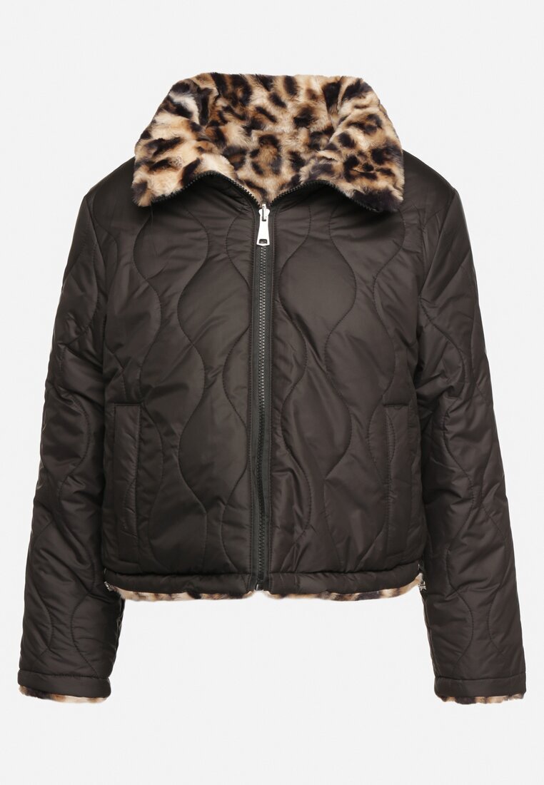 lovery Jachetă Puffer Neagră Reversibilă cu matlasare și blană leopard Selinnia