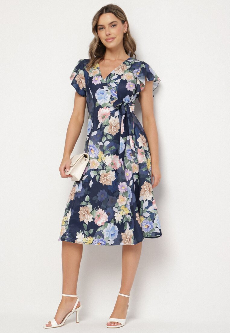 lovery Rochie albastră florală cu decolteu petrecut Atorina