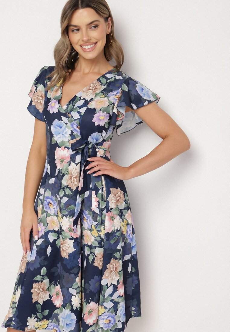 lovery Rochie albastră florală cu decolteu petrecut Atorina