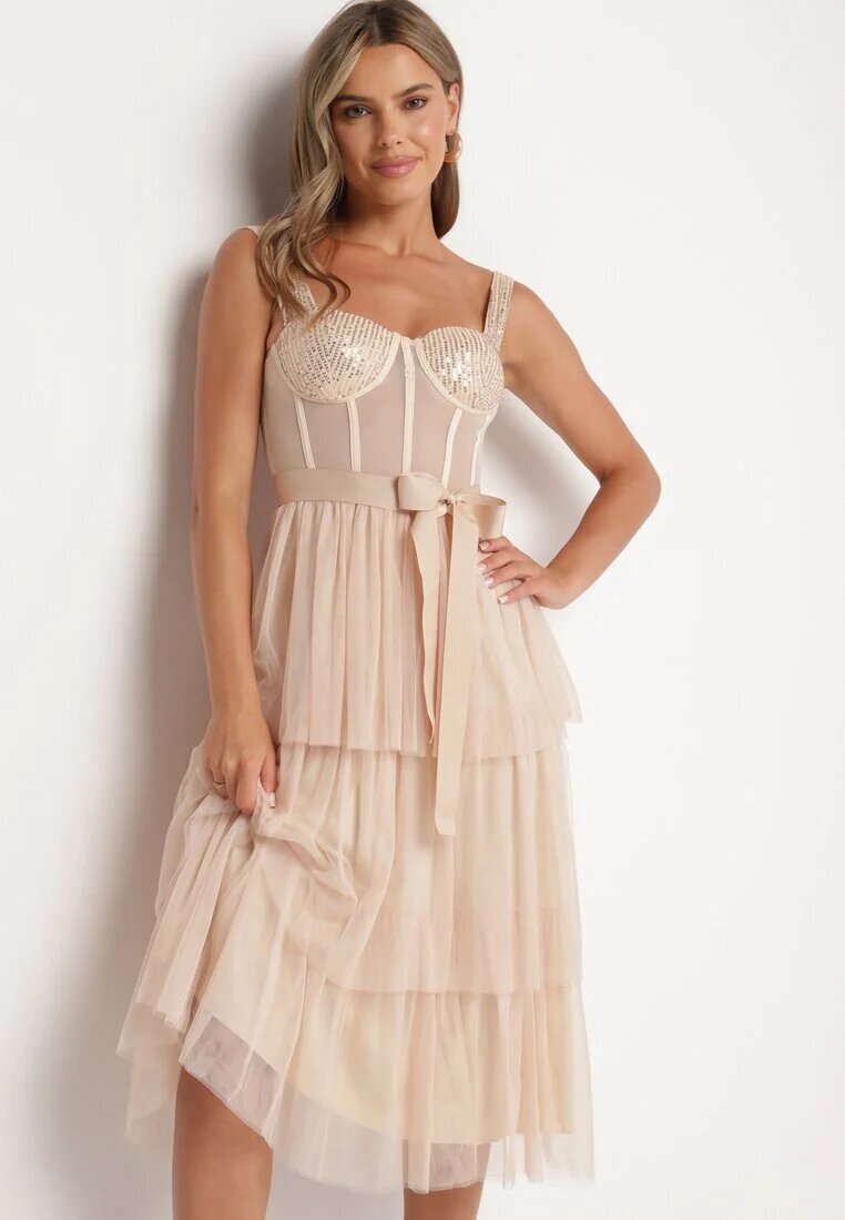 lovery Rochie Bej De Cocktail cu partea superioară tip corset volane paiete și fundă Loralina