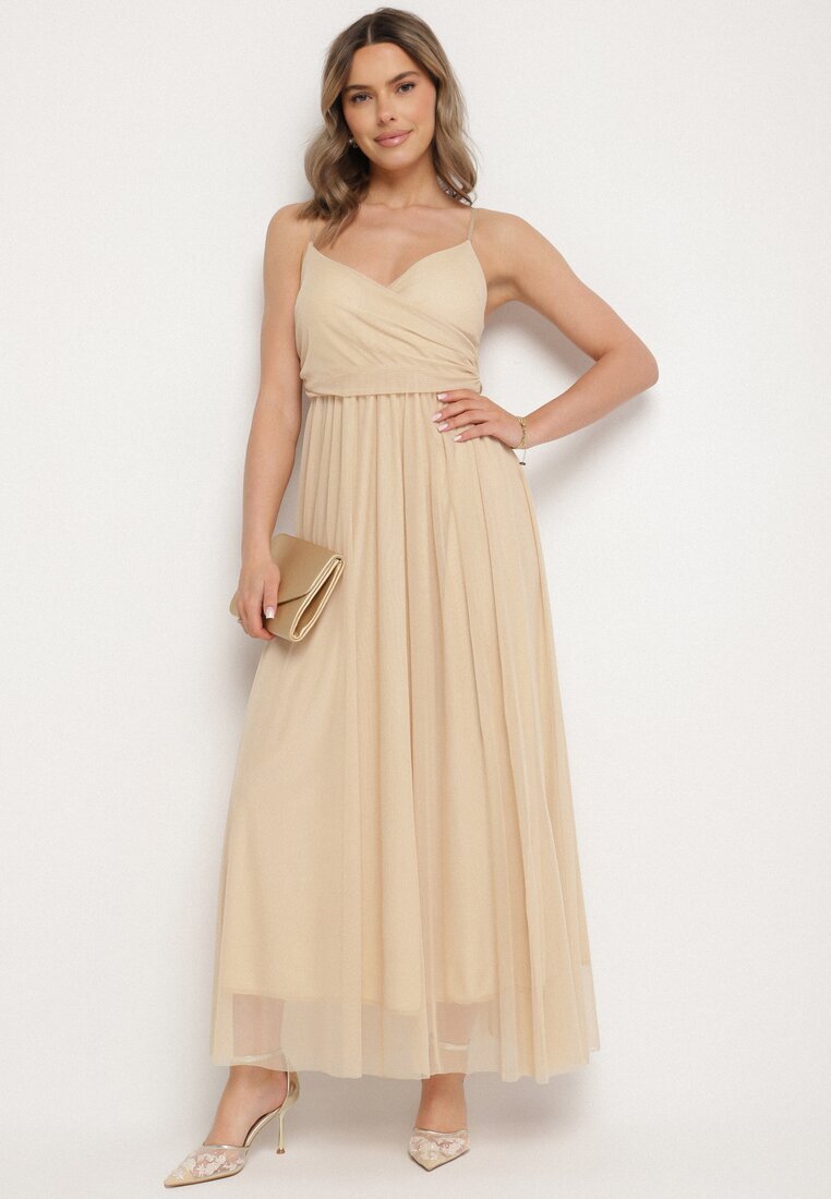 lovery Rochie Bej de Cocktail cu Plasă de Tul Devinae