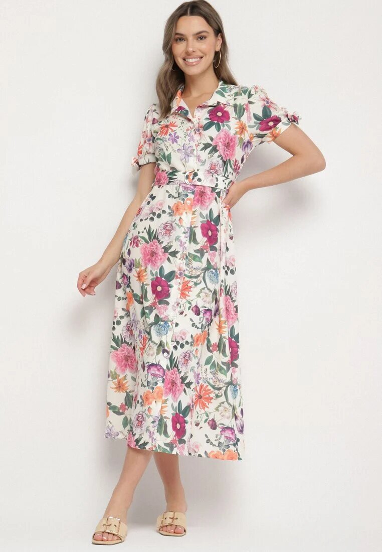 lovery Rochie Bej deschis Evazată stil cămașă cu curea cu imprimeu floral Fevelorine