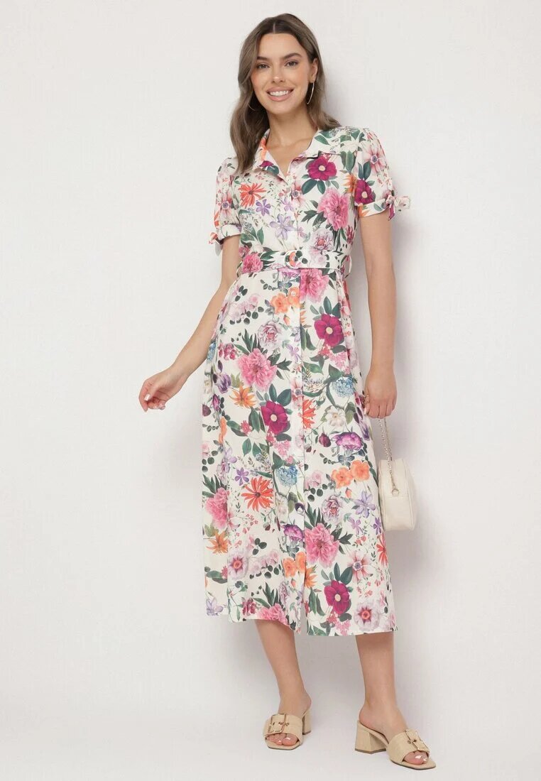 lovery Rochie Bej deschis Evazată stil cămașă cu curea cu imprimeu floral Fevelorine