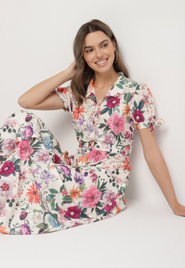 lovery Rochie Bej deschis Evazată stil cămașă cu curea cu imprimeu floral Fevelorine