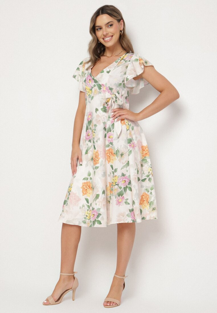 lovery Rochie Bej Florală cu Decolteu Petrecut Atorina