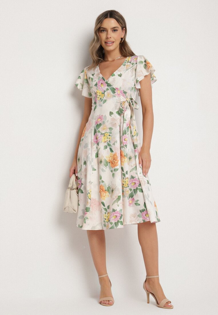 lovery Rochie Bej Florală cu Decolteu Petrecut Atorina