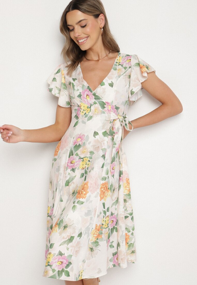lovery Rochie Bej Florală cu Decolteu Petrecut Atorina