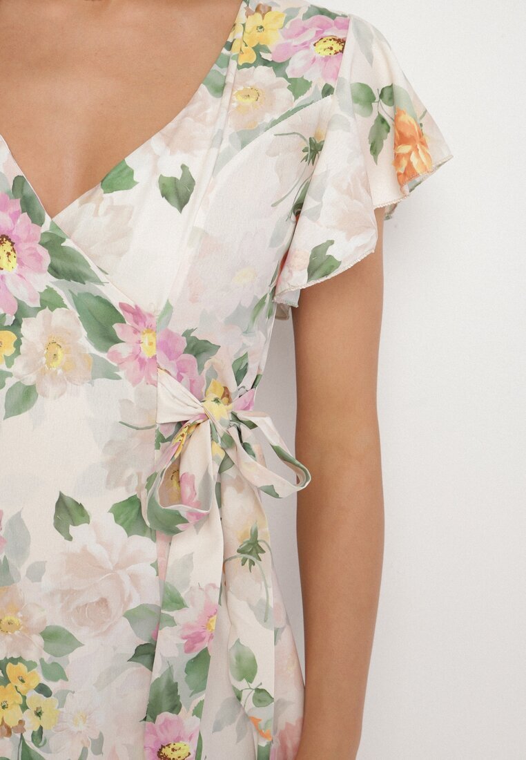 lovery Rochie Bej Florală cu Decolteu Petrecut Atorina