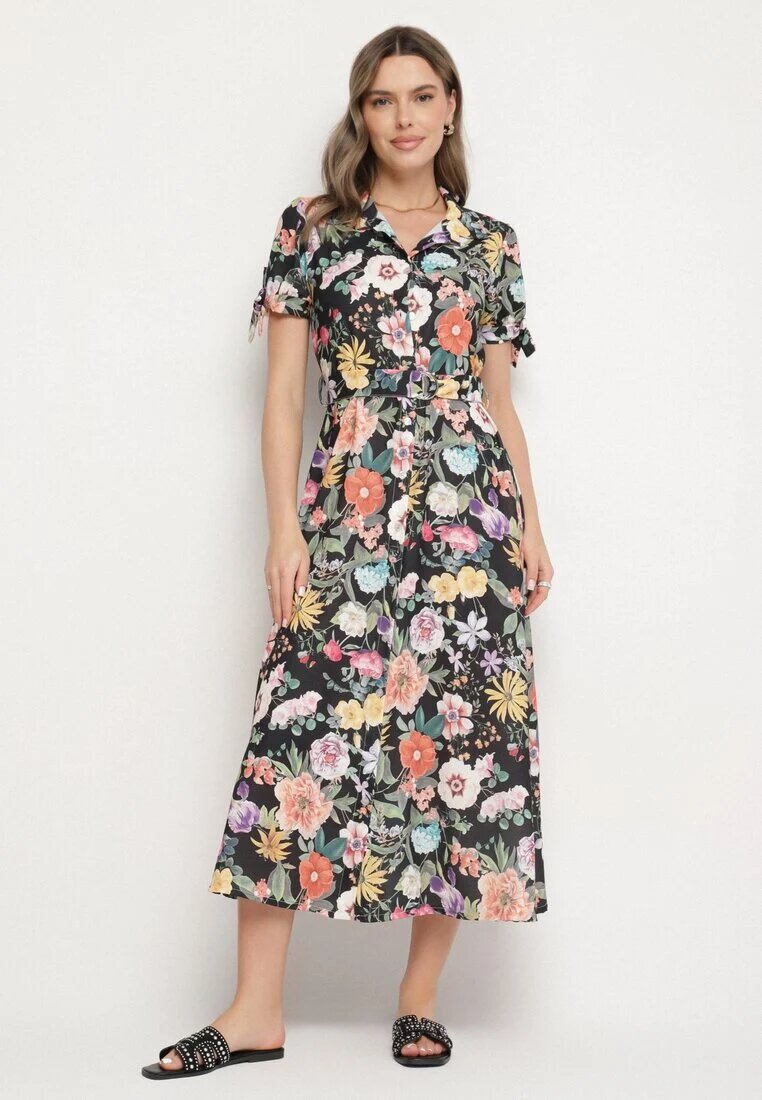 lovery Rochie Cloș Neagră cu croi de cămașă cu curea cu imprimeu floral Fevelorine