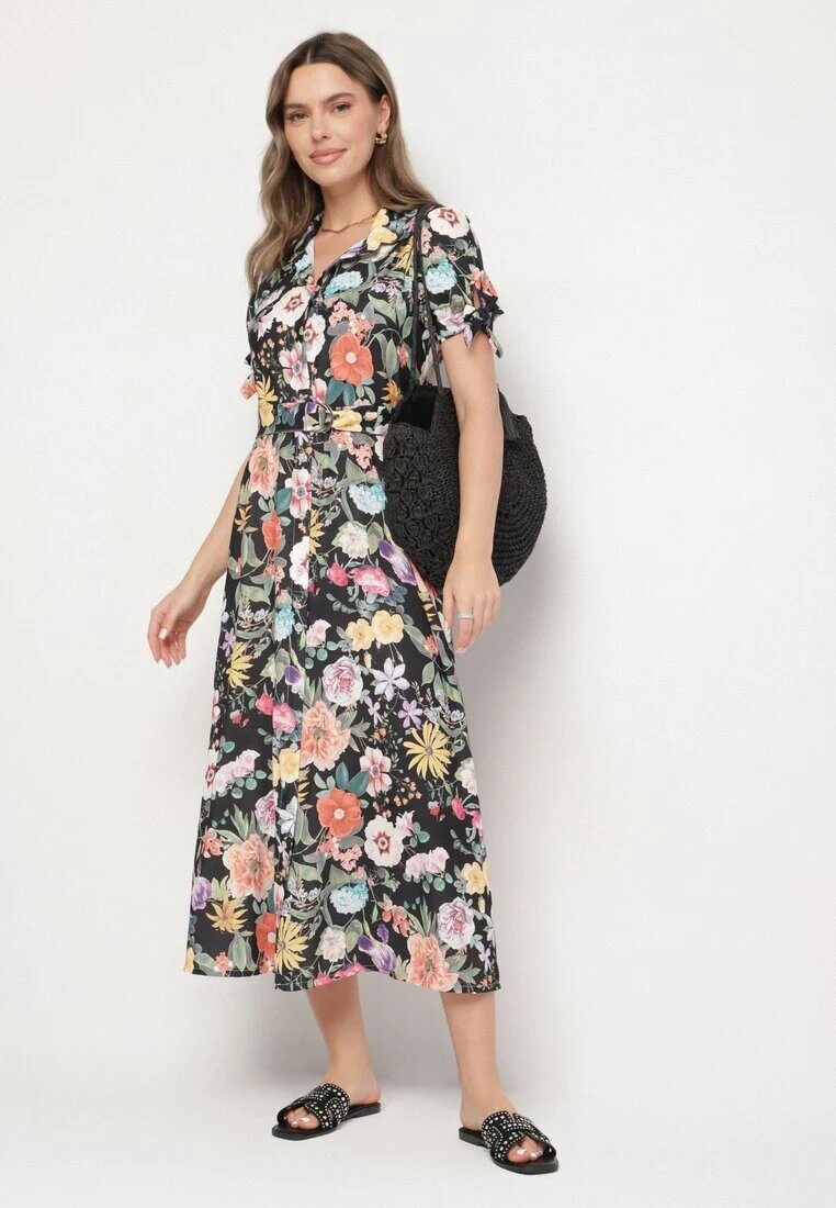 lovery Rochie Cloș Neagră cu croi de cămașă cu curea cu imprimeu floral Fevelorine