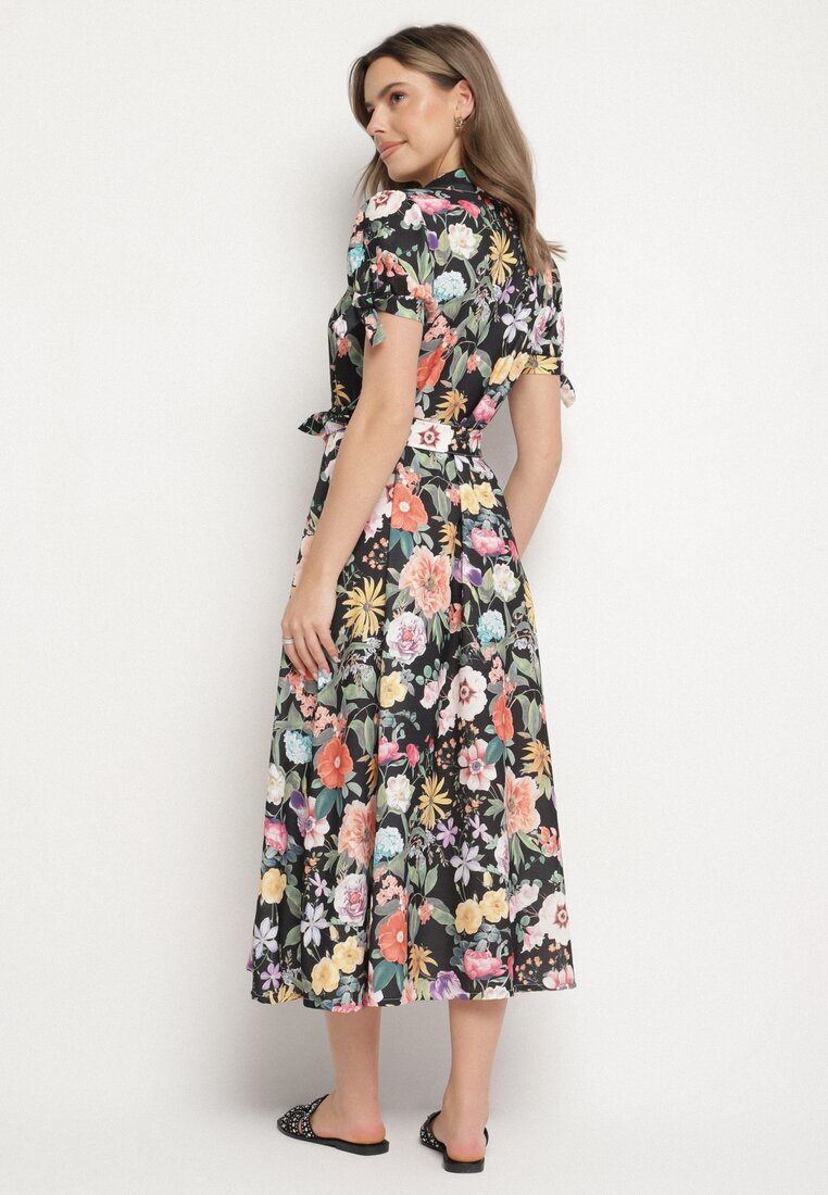 lovery Rochie Cloș Neagră cu croi de cămașă cu curea cu imprimeu floral Fevelorine