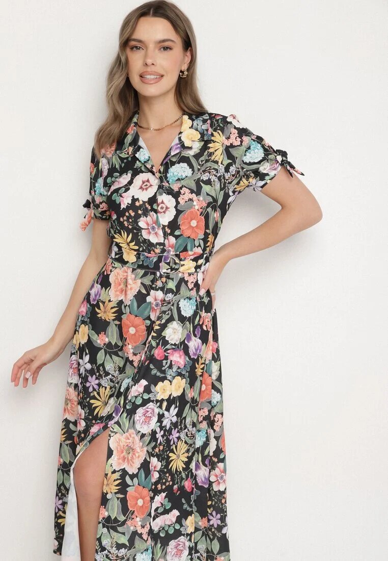 lovery Rochie Cloș Neagră cu croi de cămașă cu curea cu imprimeu floral Fevelorine