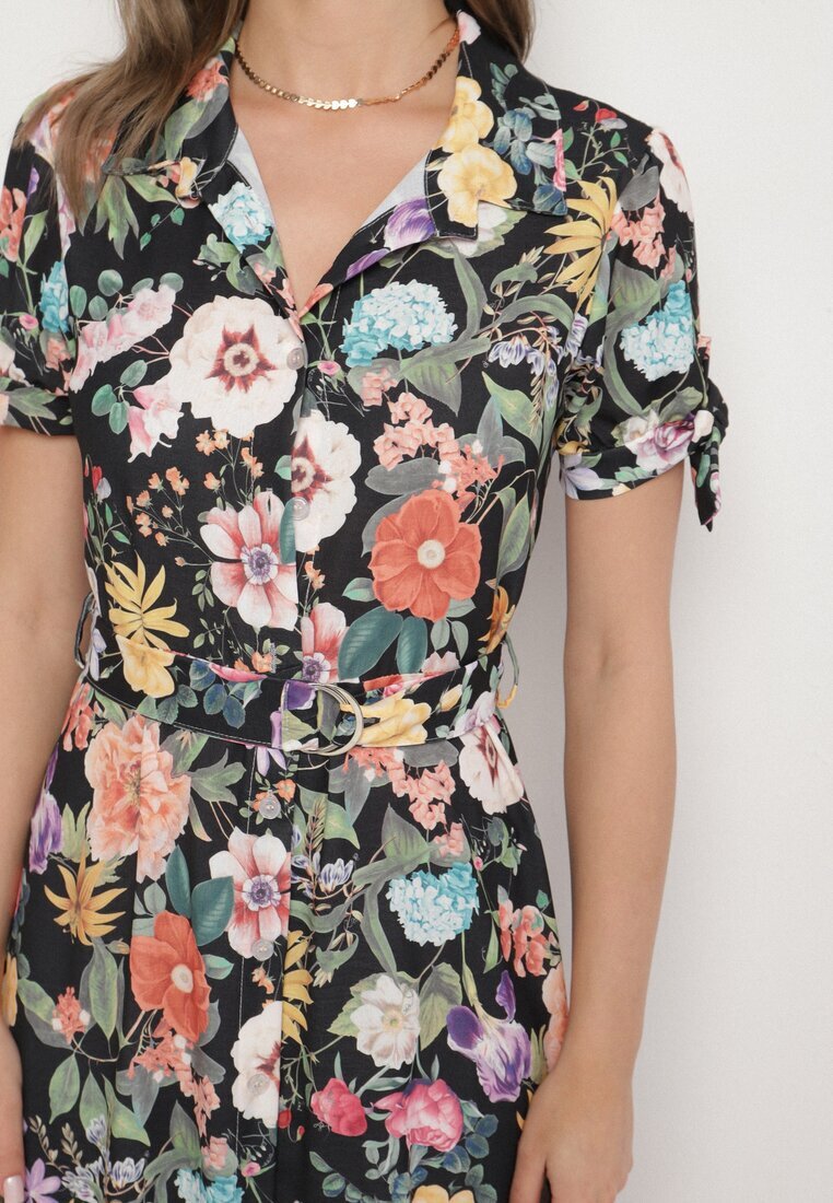 lovery Rochie Cloș Neagră cu croi de cămașă cu curea cu imprimeu floral Fevelorine