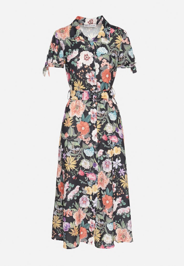 lovery Rochie Cloș Neagră cu croi de cămașă cu curea cu imprimeu floral Fevelorine