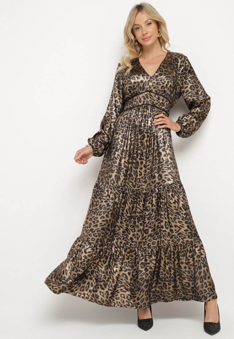 lovery Rochie Cloș Negru-Auriu cu imprimeu leopard cu volane și elastic în talie Tinnetra