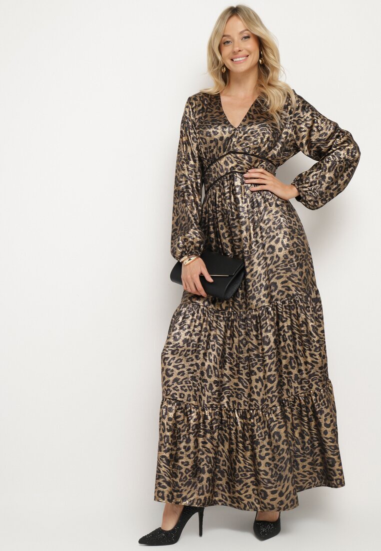 lovery Rochie Cloș Negru-Auriu cu imprimeu leopard cu volane și elastic în talie Tinnetra