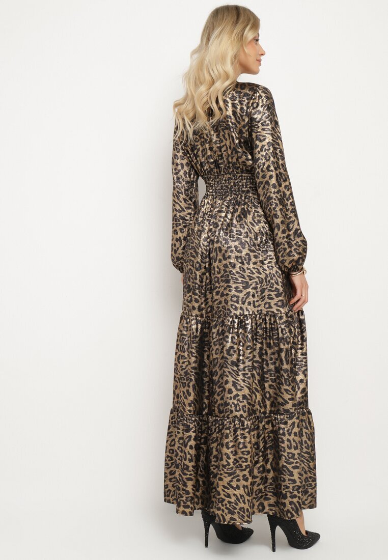 lovery Rochie Cloș Negru-Auriu cu imprimeu leopard cu volane și elastic în talie Tinnetra