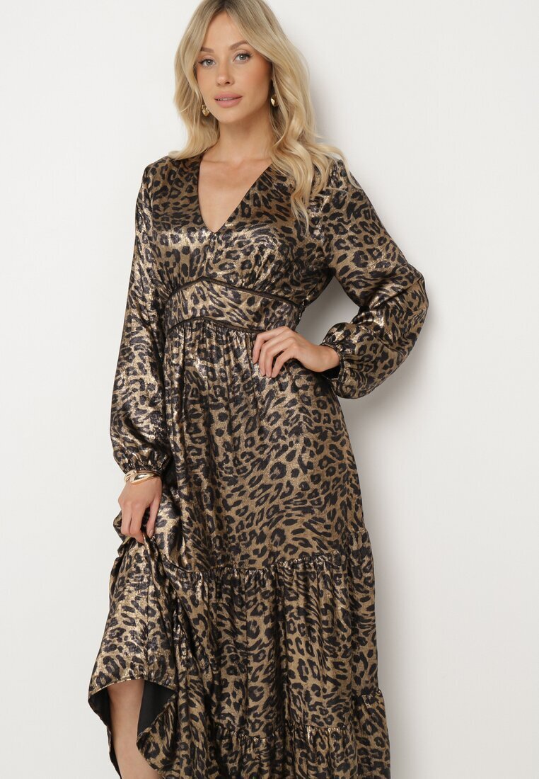 lovery Rochie Cloș Negru-Auriu cu imprimeu leopard cu volane și elastic în talie Tinnetra