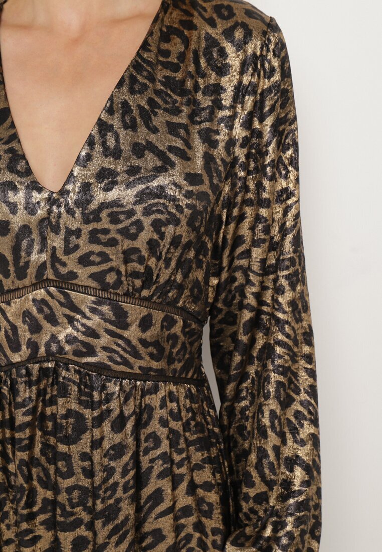 lovery Rochie Cloș Negru-Auriu cu imprimeu leopard cu volane și elastic în talie Tinnetra