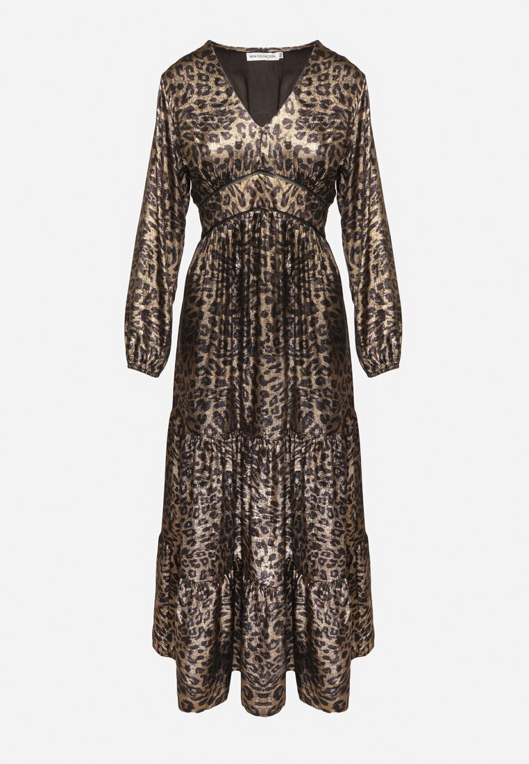 lovery Rochie Cloș Negru-Auriu cu imprimeu leopard cu volane și elastic în talie Tinnetra