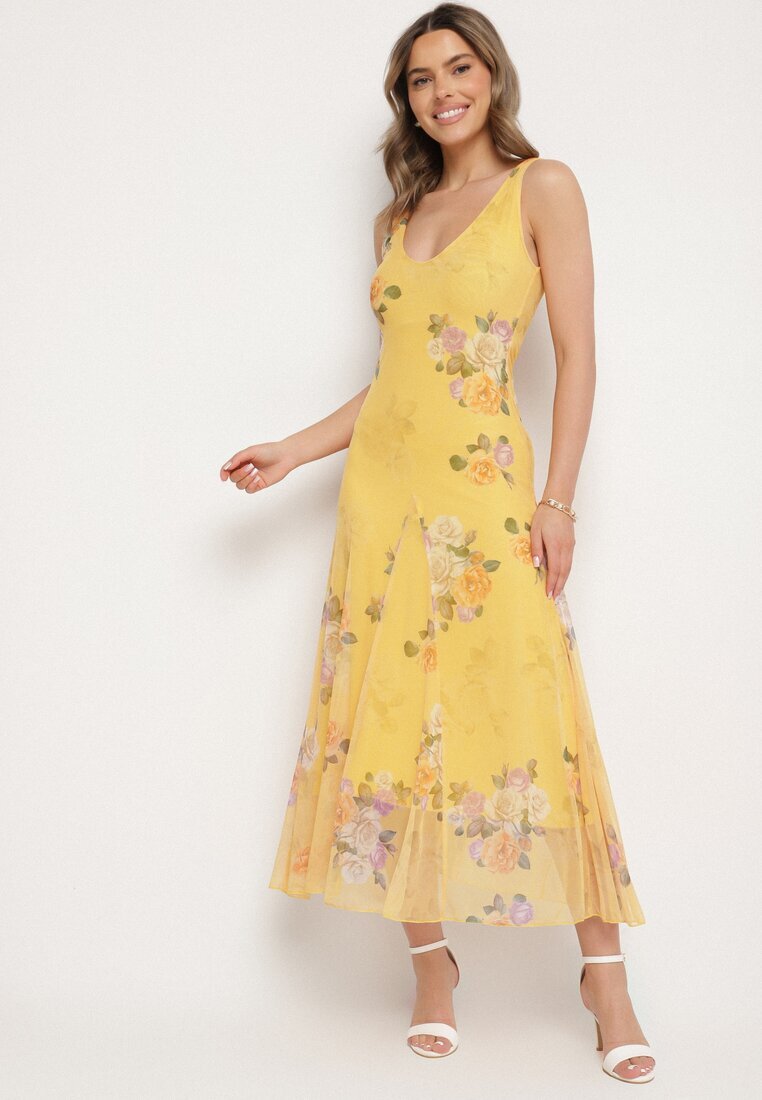 lovery Rochie din plasă galbenă cu motiv floral Milanessa
