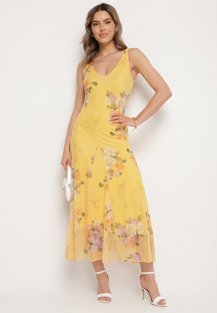 lovery Rochie din plasă galbenă cu motiv floral Milanessa