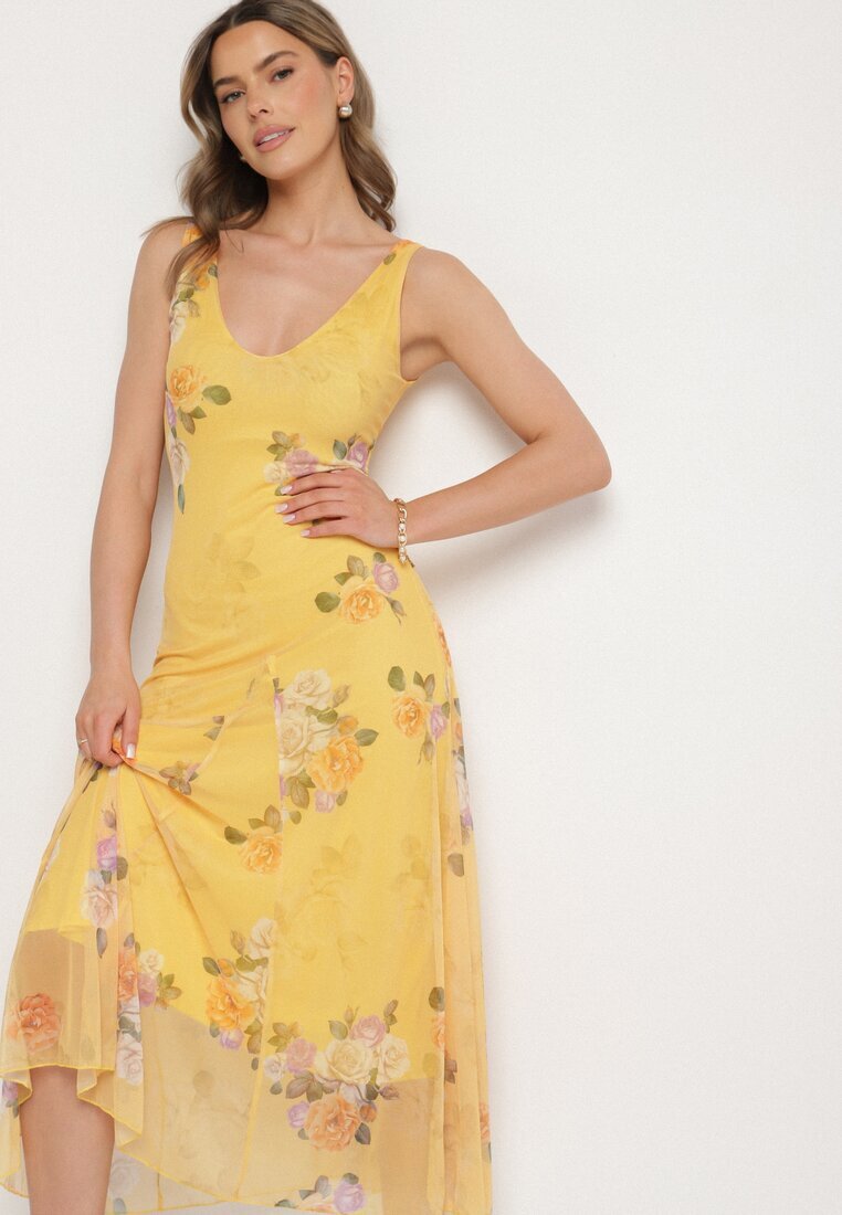 lovery Rochie din plasă galbenă cu motiv floral Milanessa