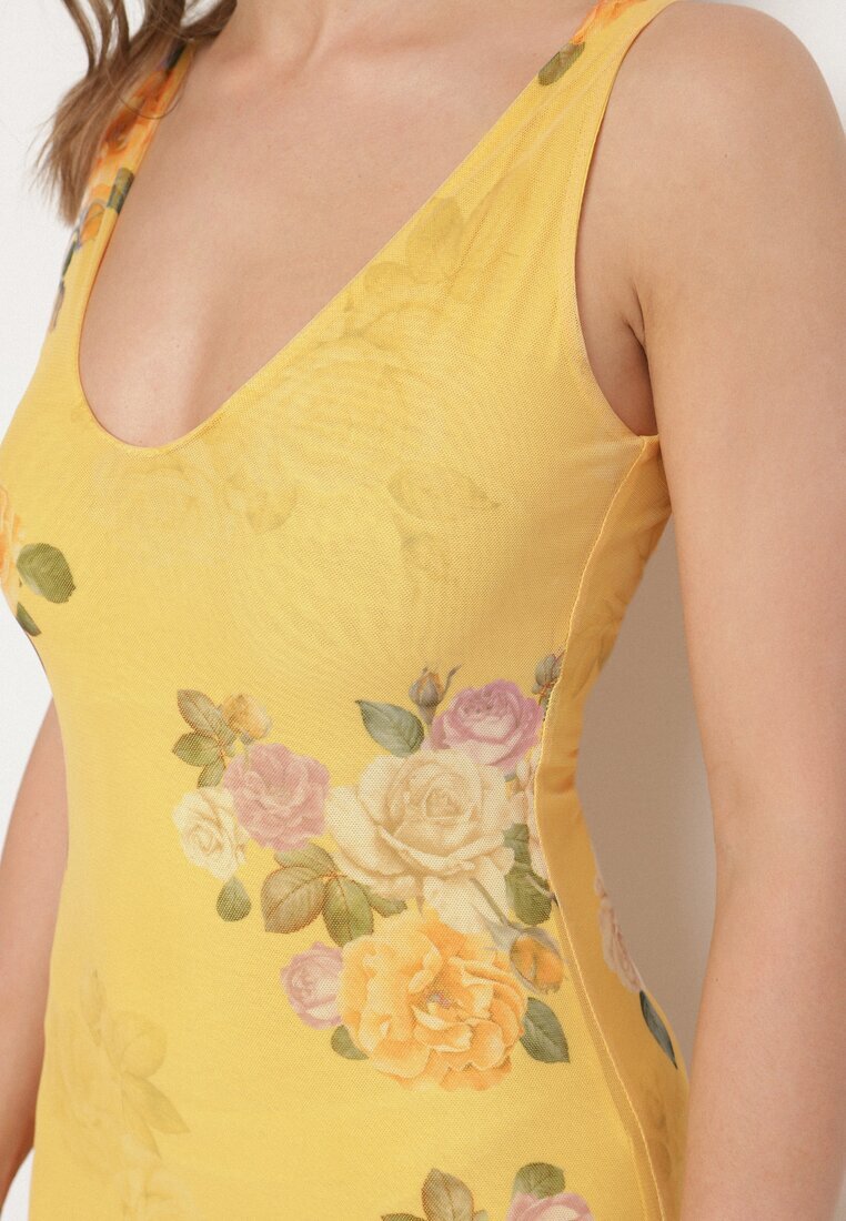lovery Rochie din plasă galbenă cu motiv floral Milanessa
