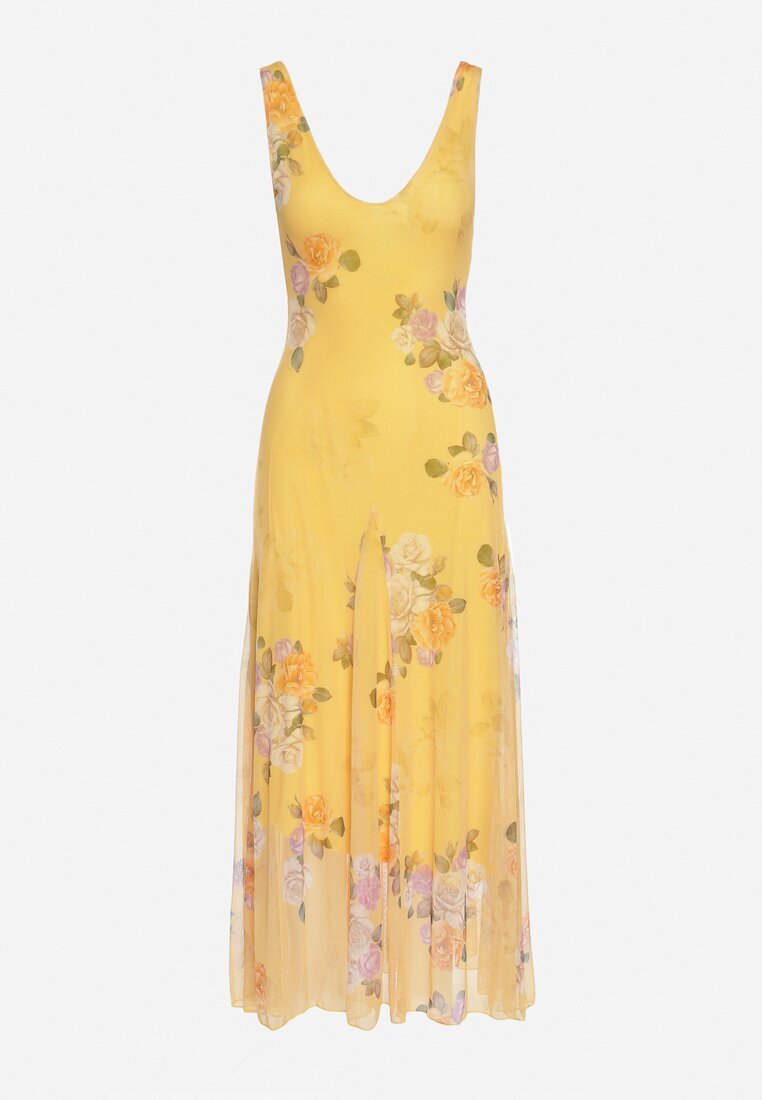 lovery Rochie din plasă galbenă cu motiv floral Milanessa