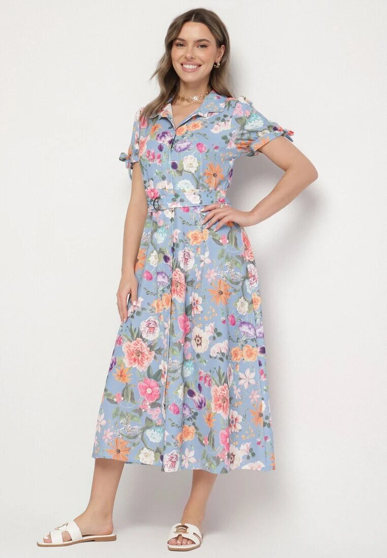lovery Rochie Evazată Albastru deschis cu croi cămașă cu cordon cu imprimeu floral Fevelorine