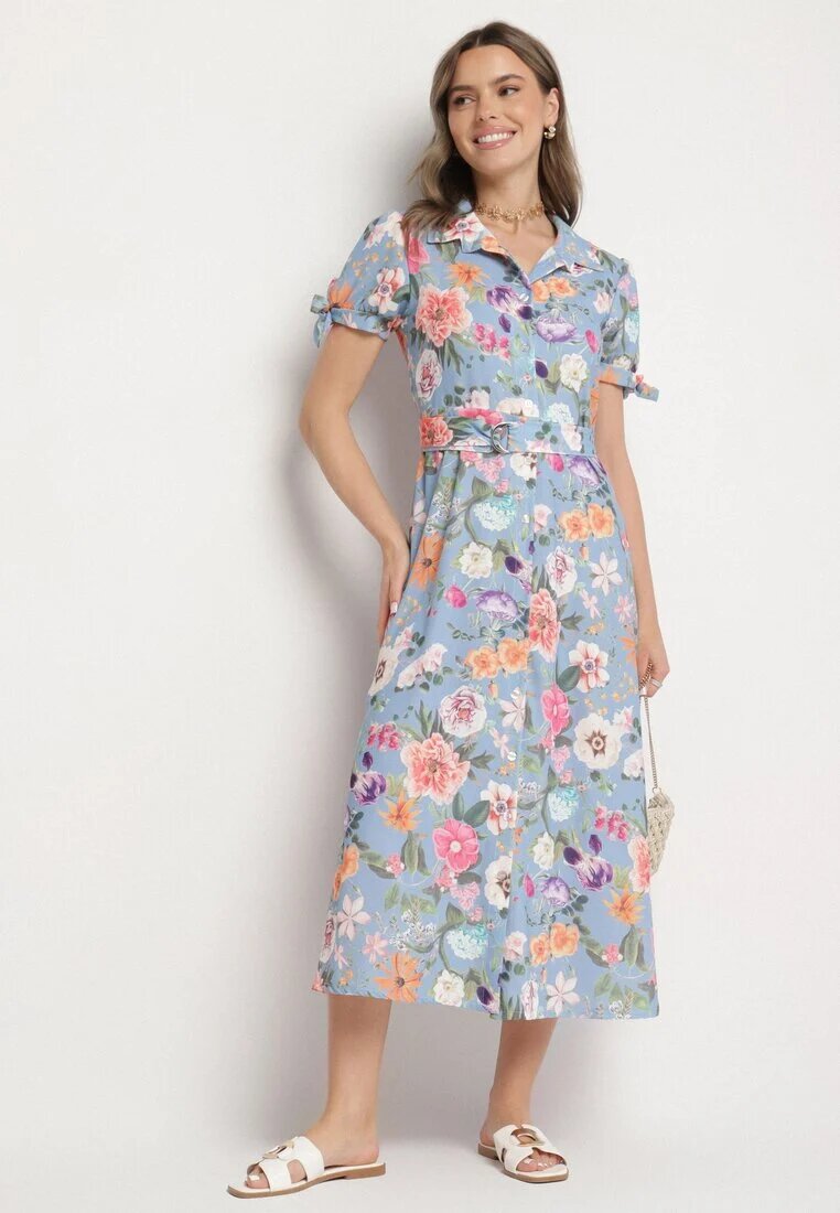 lovery Rochie Evazată Albastru deschis cu croi cămașă cu cordon cu imprimeu floral Fevelorine