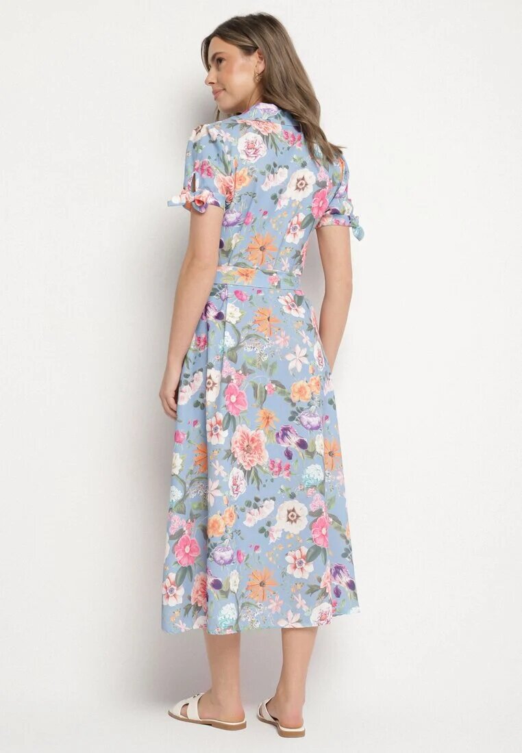 lovery Rochie Evazată Albastru deschis cu croi cămașă cu cordon cu imprimeu floral Fevelorine