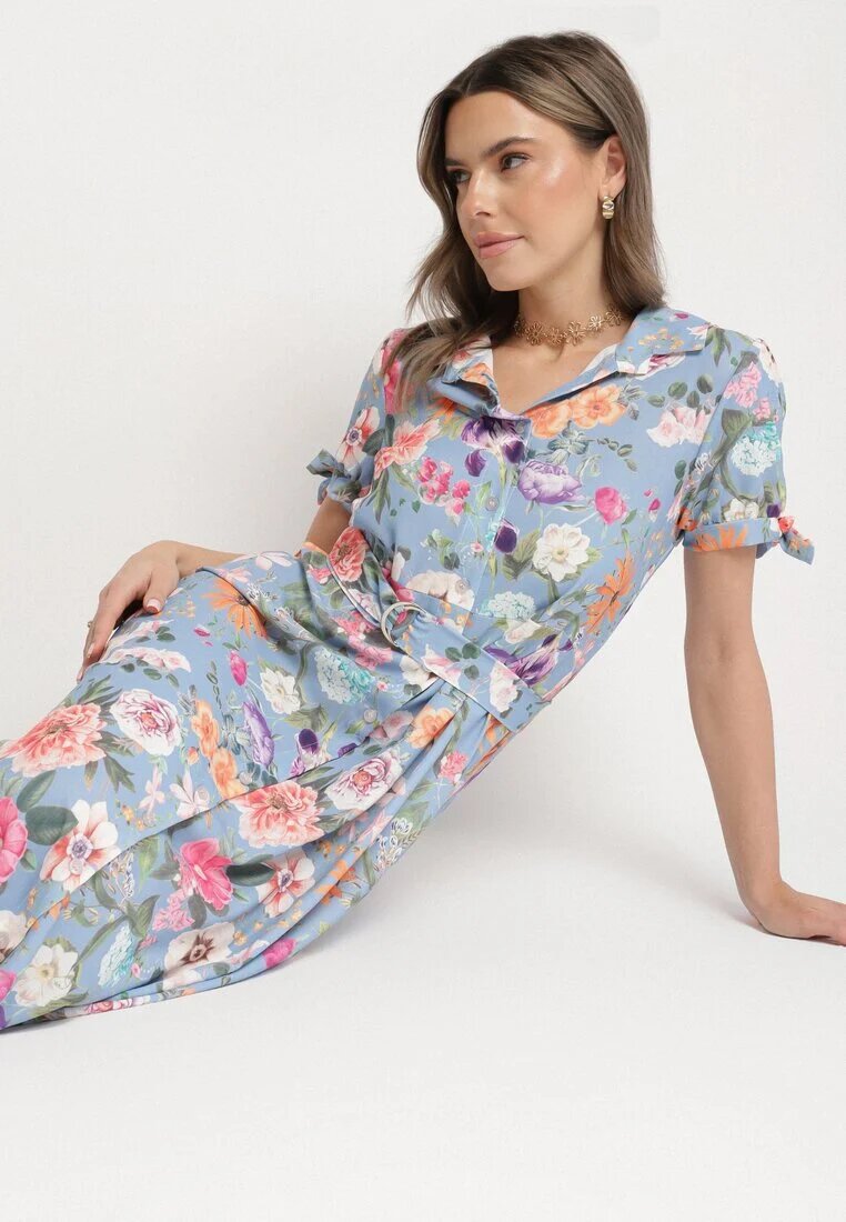 lovery Rochie Evazată Albastru deschis cu croi cămașă cu cordon cu imprimeu floral Fevelorine