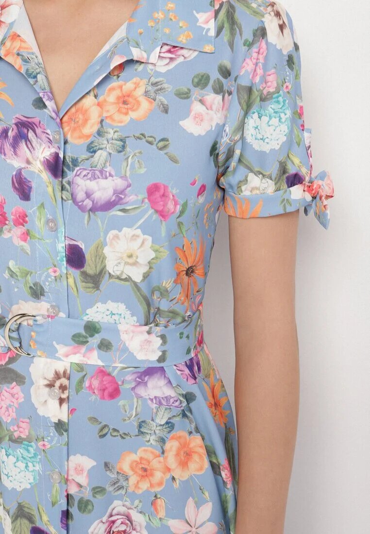 lovery Rochie Evazată Albastru deschis cu croi cămașă cu cordon cu imprimeu floral Fevelorine