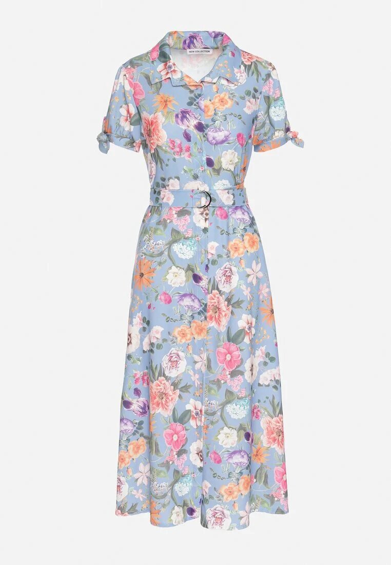 lovery Rochie Evazată Albastru deschis cu croi cămașă cu cordon cu imprimeu floral Fevelorine