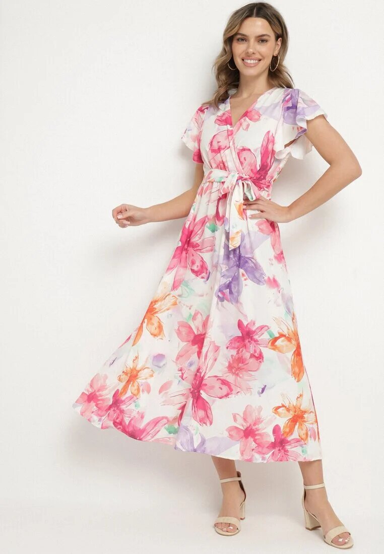lovery Rochie Fucsia florală cu croială petrecută cu cordon legat Redanae