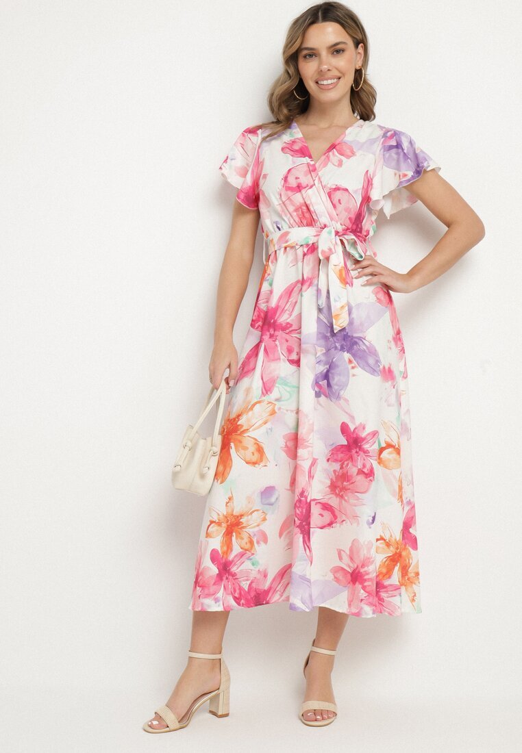 lovery Rochie Fucsia florală cu croială petrecută cu cordon legat Redanae