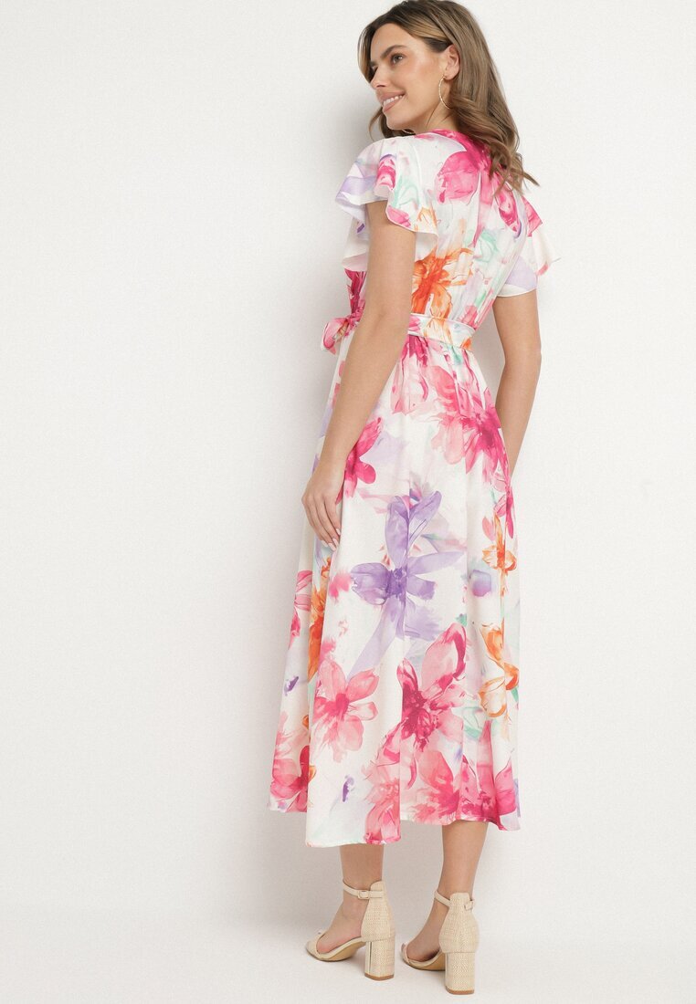 lovery Rochie Fucsia florală cu croială petrecută cu cordon legat Redanae
