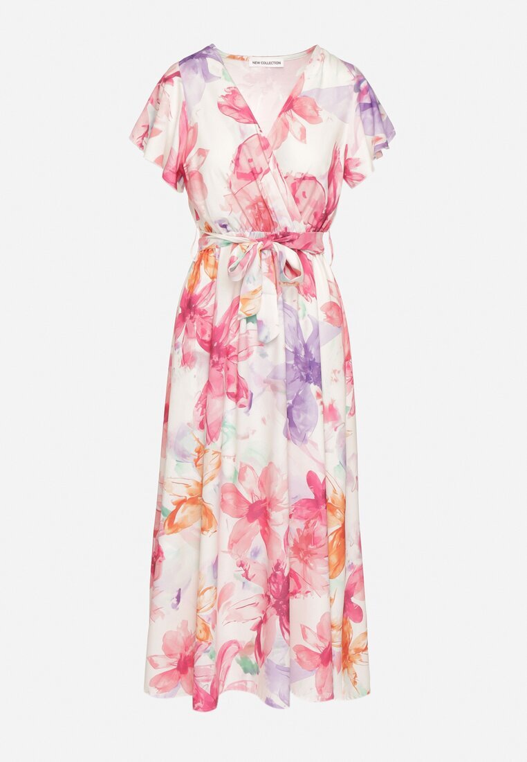 lovery Rochie Fucsia florală cu croială petrecută cu cordon legat Redanae