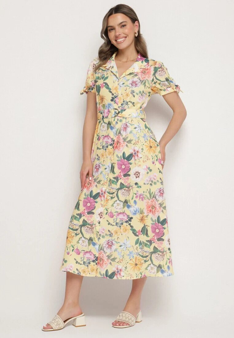 lovery Rochie Galbenă Evazată tip Cămașă cu curea cu imprimeu floral Fevelorine