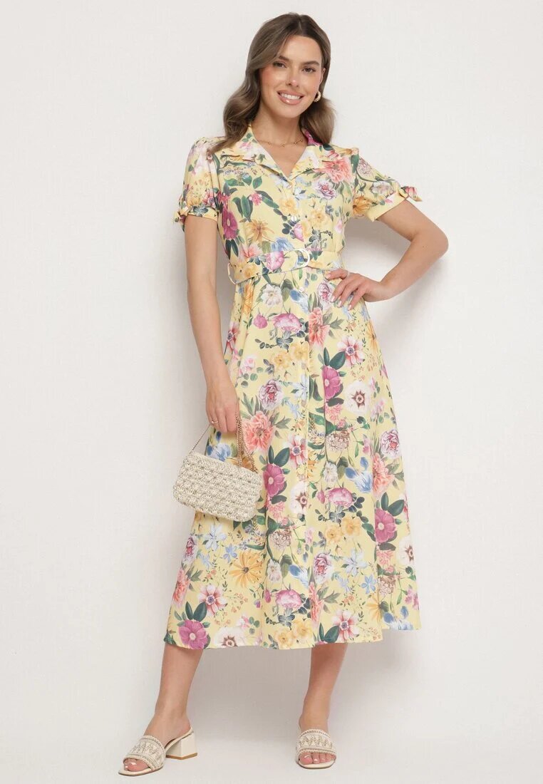 lovery Rochie Galbenă Evazată tip Cămașă cu curea cu imprimeu floral Fevelorine