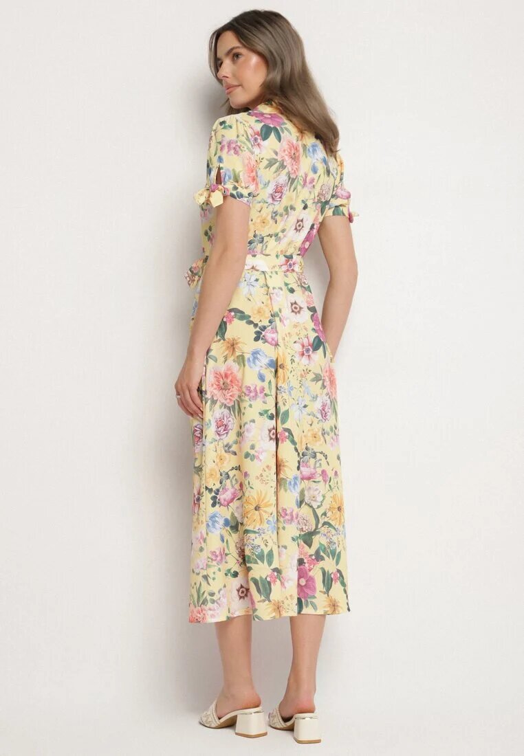 lovery Rochie Galbenă Evazată tip Cămașă cu curea cu imprimeu floral Fevelorine
