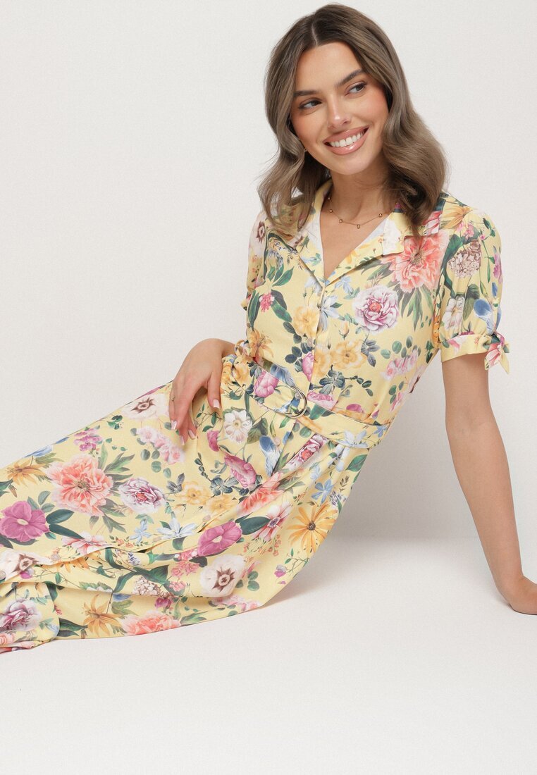 lovery Rochie Galbenă Evazată tip Cămașă cu curea cu imprimeu floral Fevelorine
