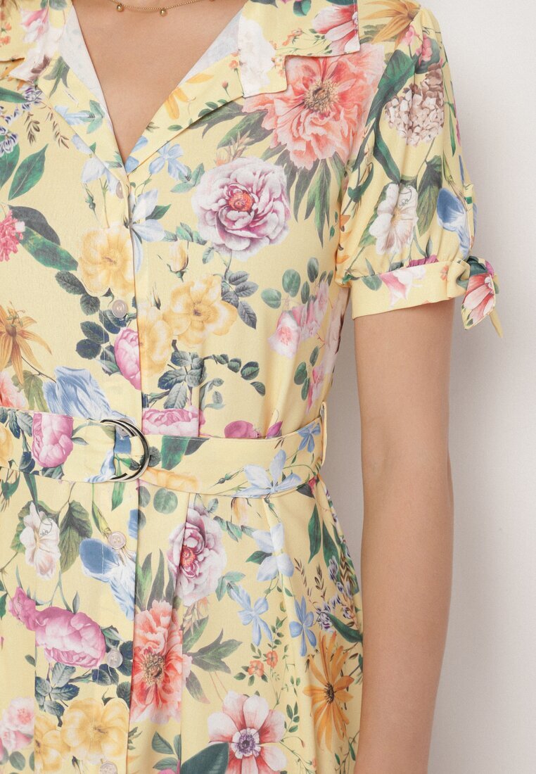 lovery Rochie Galbenă Evazată tip Cămașă cu curea cu imprimeu floral Fevelorine