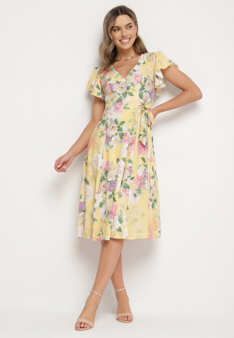 lovery Rochie Galbenă Florală cu Decolteu Petrecut Atorina