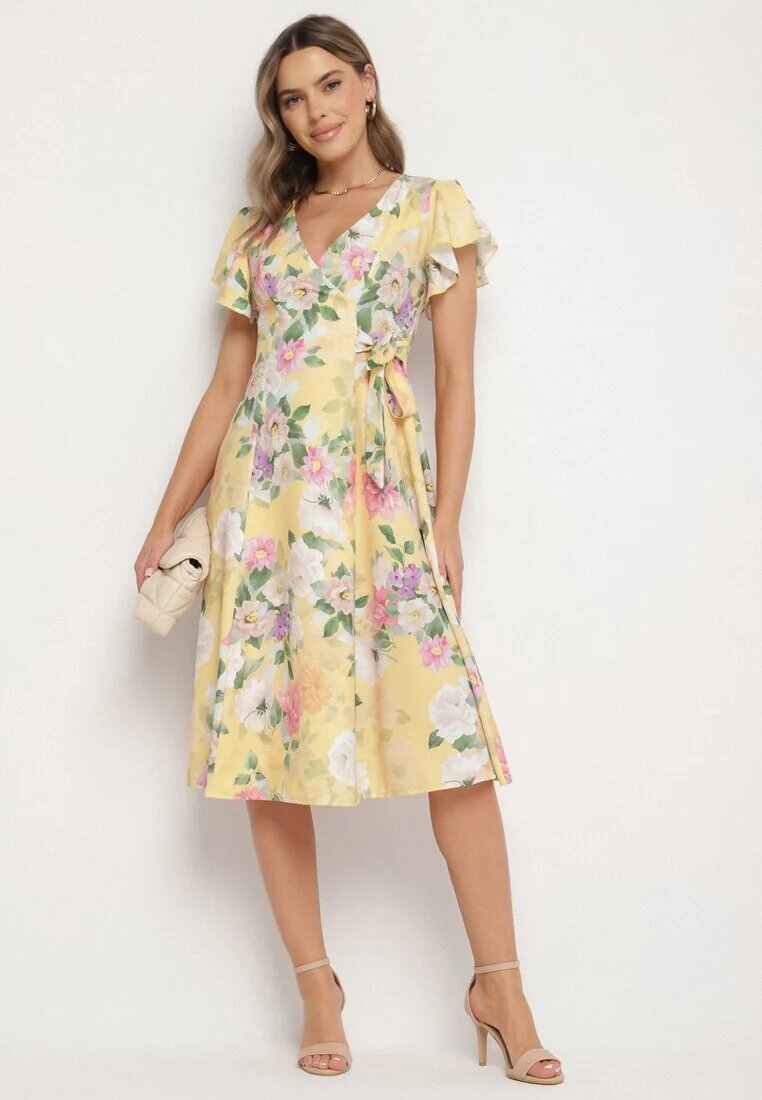 lovery Rochie Galbenă Florală cu Decolteu Petrecut Atorina