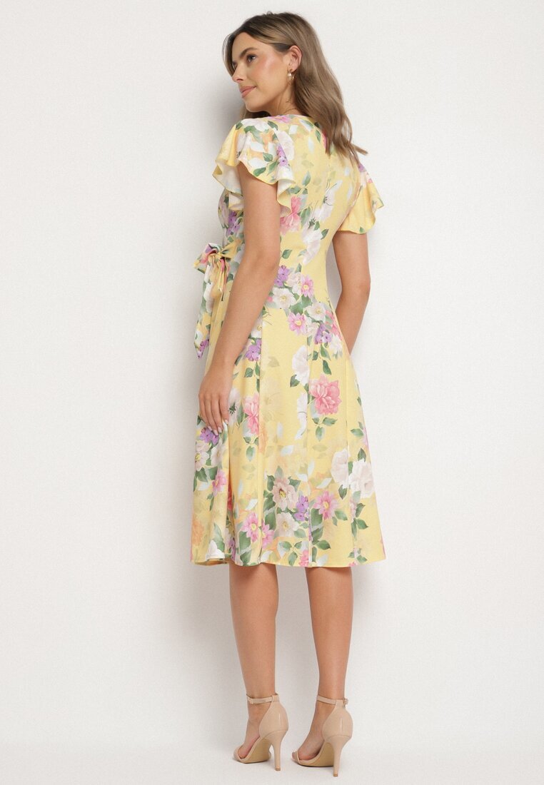 lovery Rochie Galbenă Florală cu Decolteu Petrecut Atorina