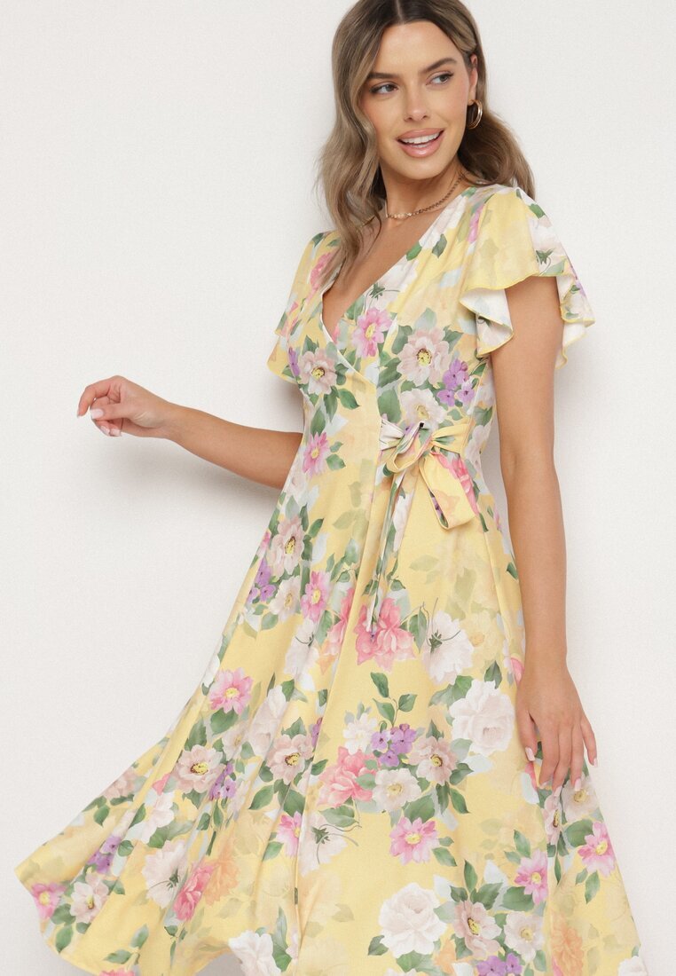 lovery Rochie Galbenă Florală cu Decolteu Petrecut Atorina