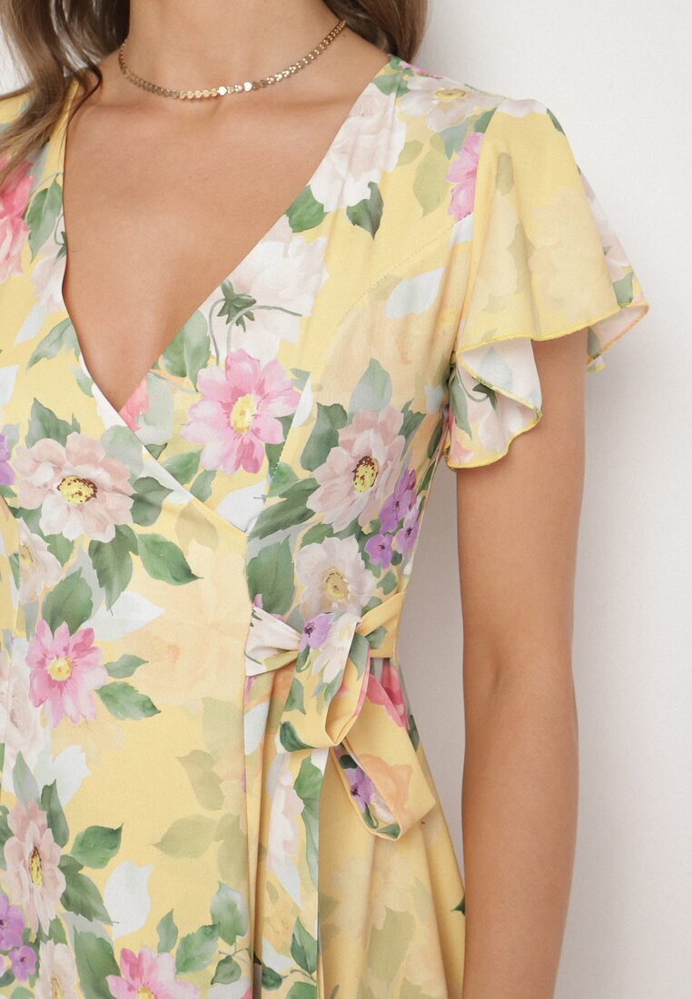 lovery Rochie Galbenă Florală cu Decolteu Petrecut Atorina