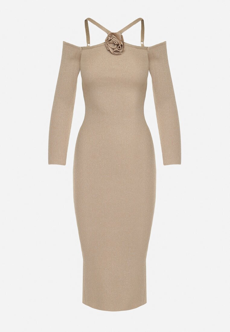 lovery Rochie midi bej mulată cu umeri goi și cu floare decorativă Vorella
